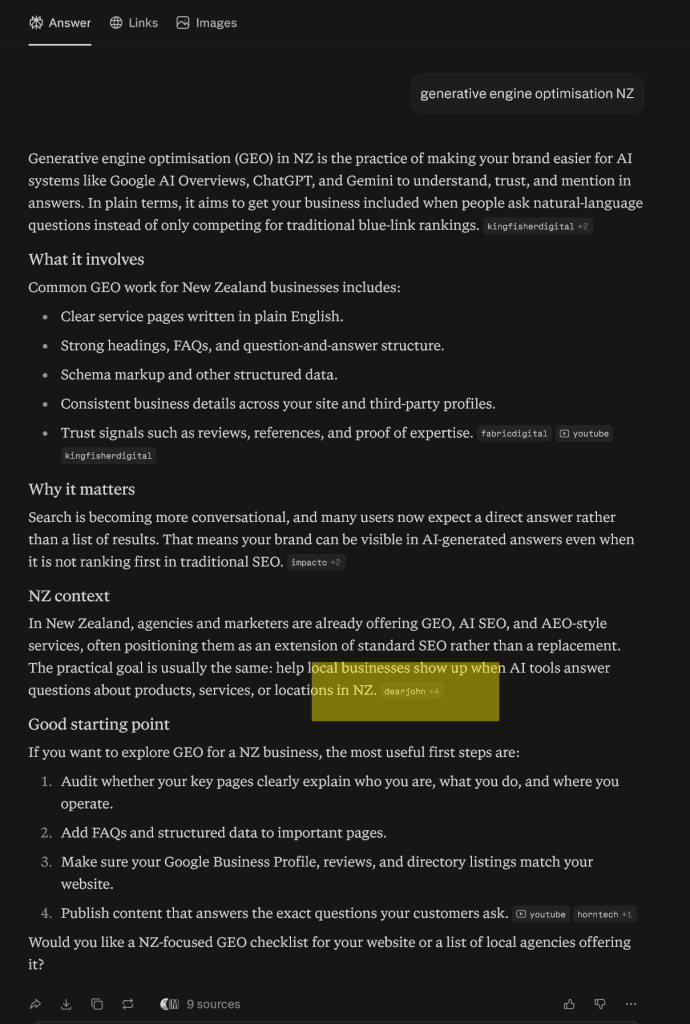 Perplexity AI answer for "generative engine optimisation NZ" showing Dear John NZ cited as a source in the NZ context section - screenshot April 2026